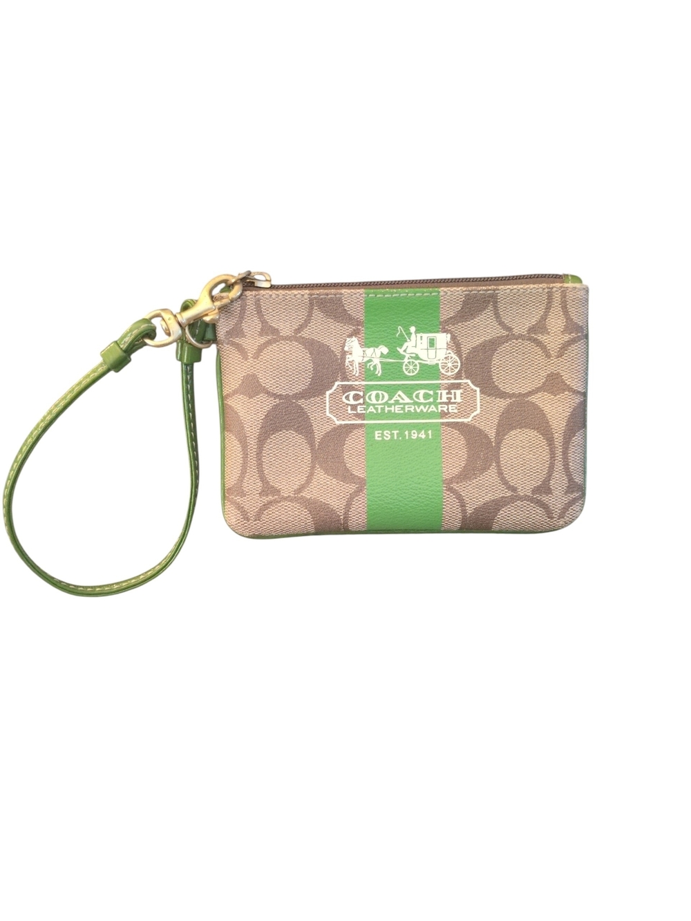 Coach Signature Wristlet Pouch  Green Stripe EUC